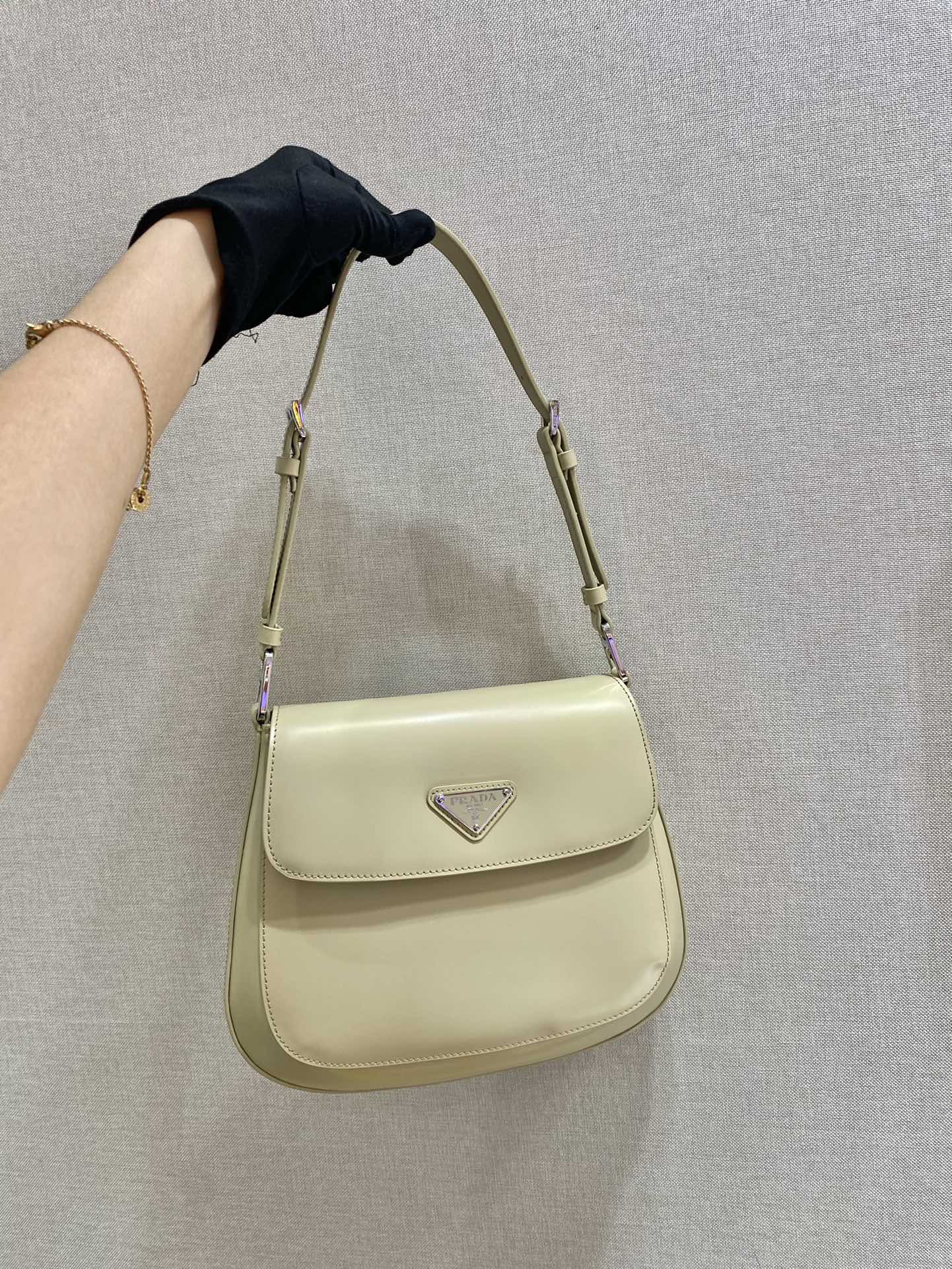 Prada Cleo Brushed Leather Shoulder Bag With Flap Beige 1BD303